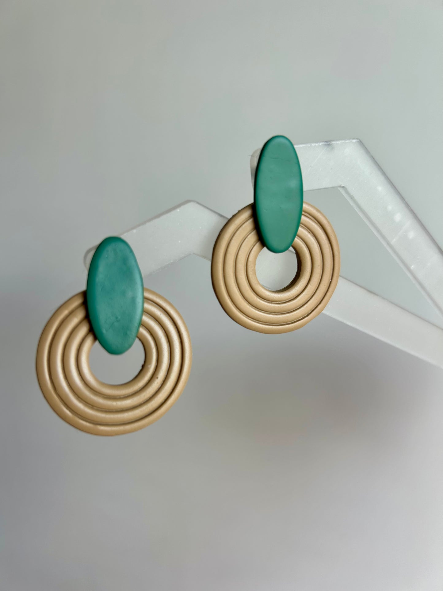 Green & Beige Statement Studs Polymer Clay Earrings