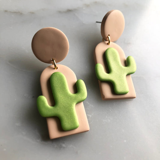 Cactus on Canvas | Green & Beige Polymer Clay Earrings