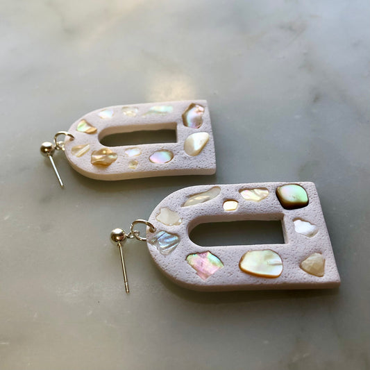 Window Arch with Abalone Shells | White Handmade Polymer Clay Earrings